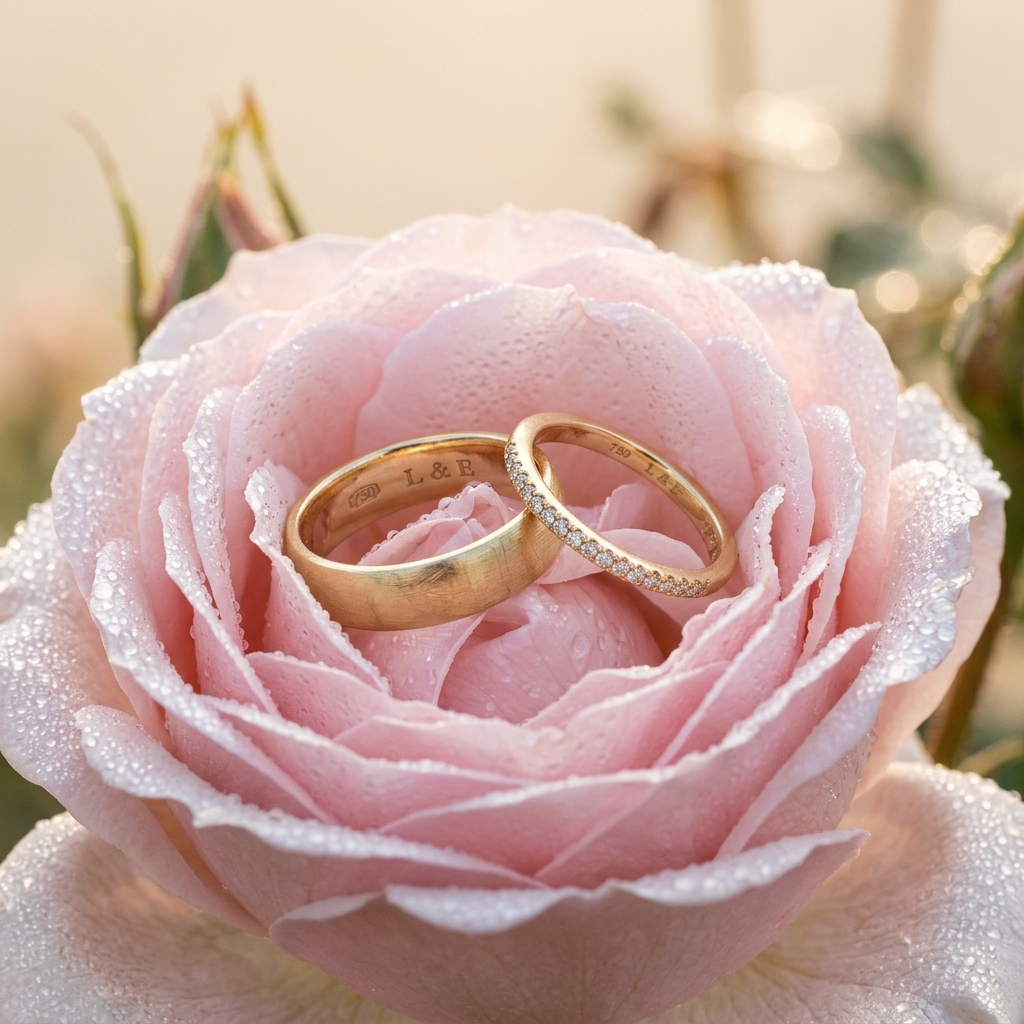 Sacred wedding rings on rose petal