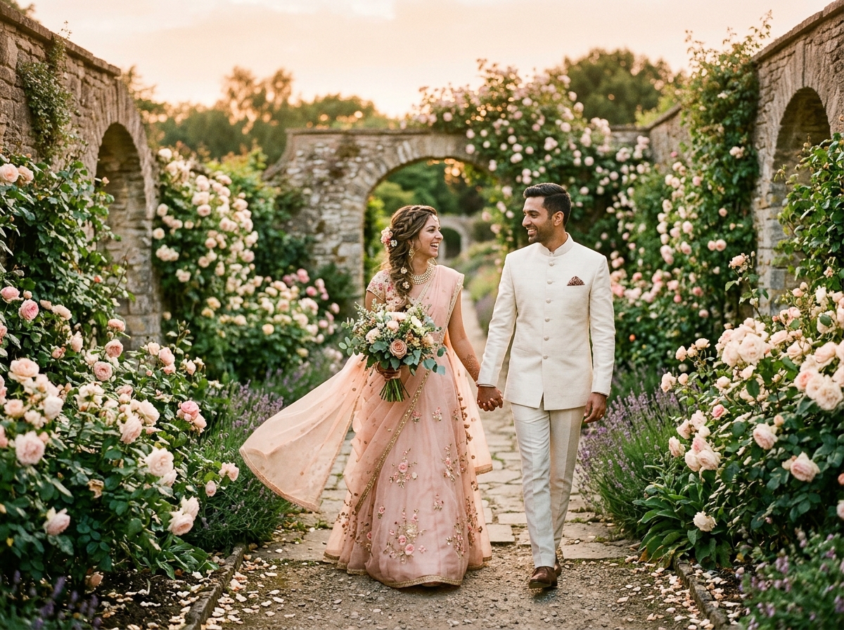 Vivan & Divya walking in the rose garden